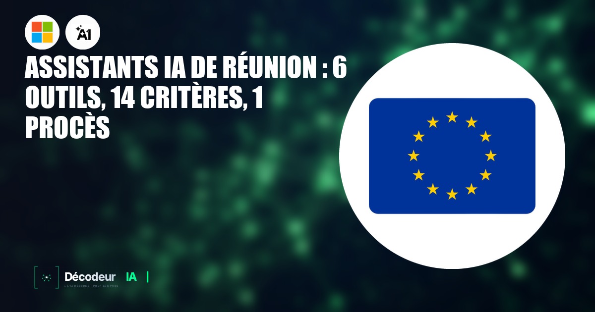 Six assistants IA de réunion comparés sur un tableau de bord avec indicateurs prix, RGPD et précision