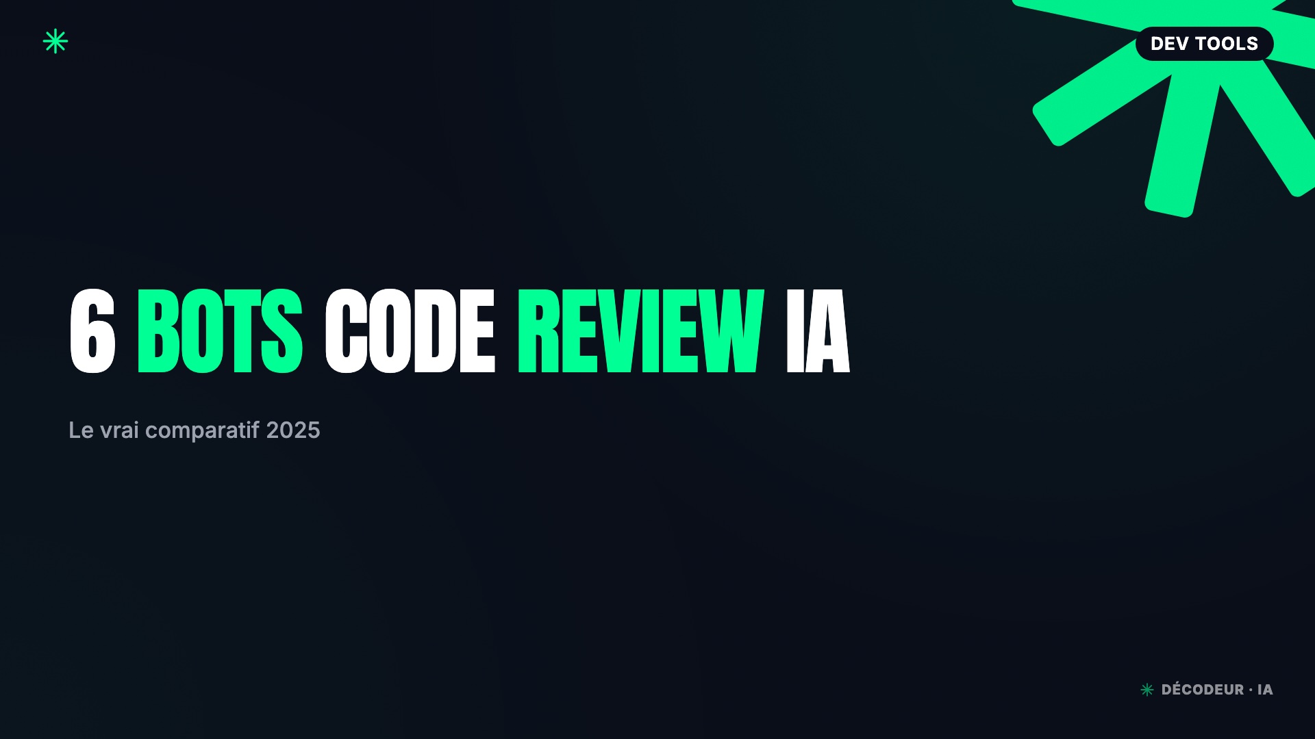 Six logos de bots de code review IA (CodeRabbit, Greptile, Qodo, Cursor Bugbot, GitHub Copilot, Graphite) autour d'une pull request