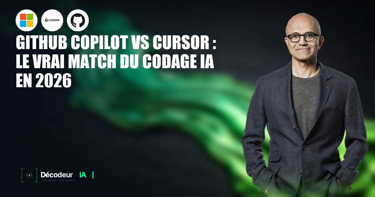 Logos GitHub Copilot et Cursor face à face sur fond sombre avec lignes de code