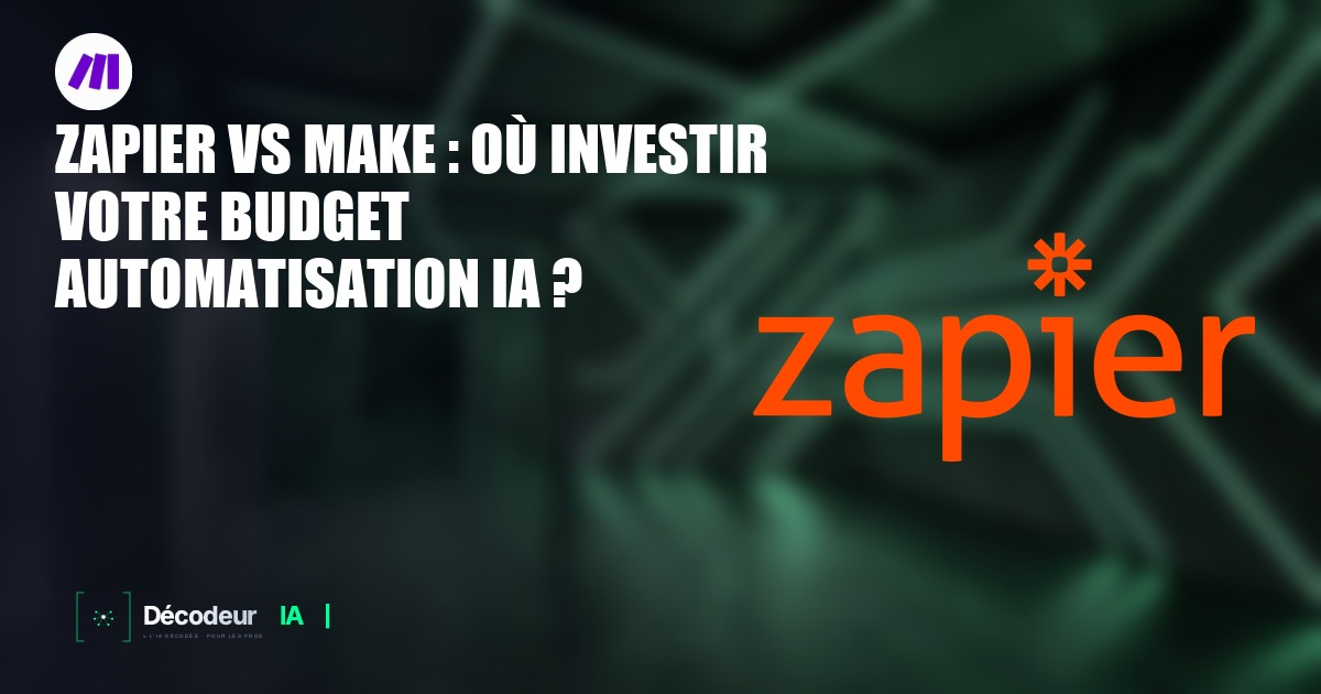 Logos Zapier et Make côte à côte avec des icônes de workflows automatisés et d'agents IA